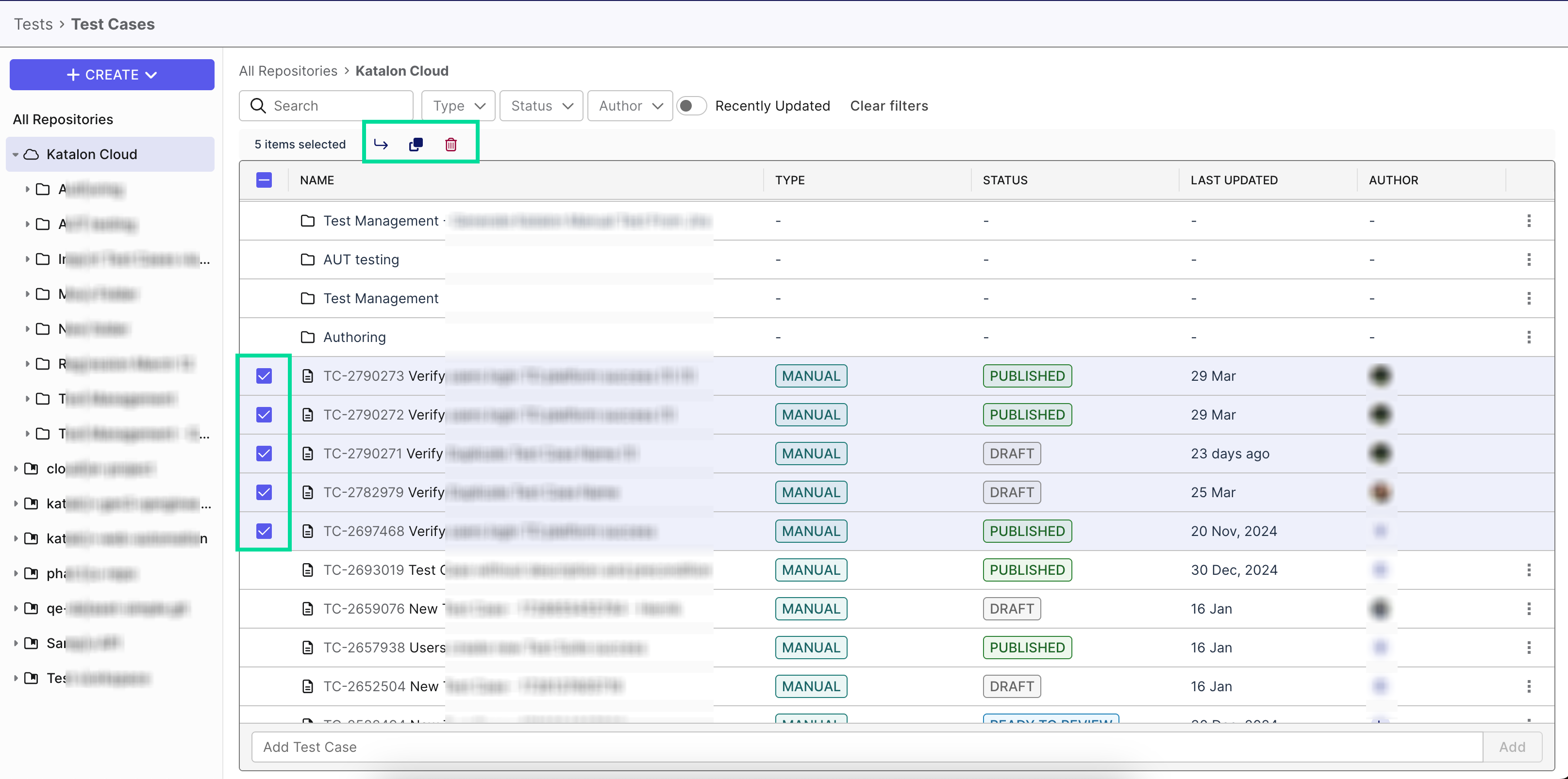 Repository page with test case management options in Katalon TestOps